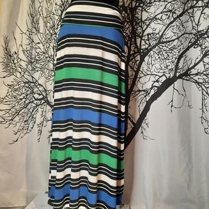 Long Blue Green Black and White Striped Maxi Skirt